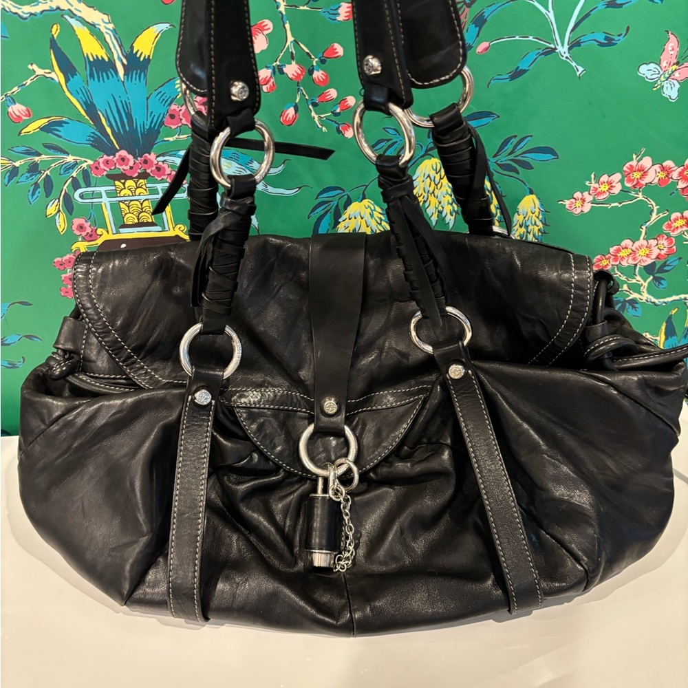 Francesco Biasia Black Leather Shoulder Bag with Silver Accents